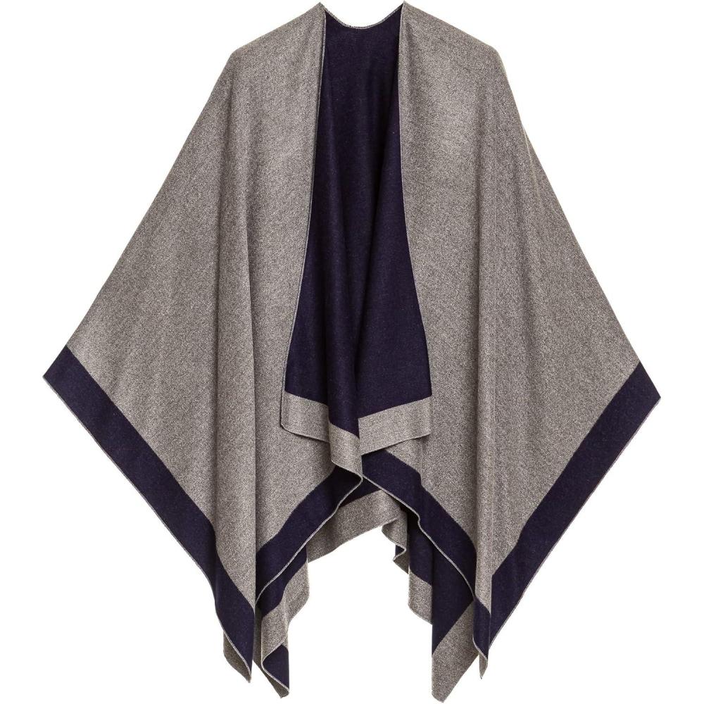 imageWomens Shawl Wrap Poncho Ruana Cape Cardigan Sweater Open Front for Fall WinterBorder Design  Navy and Medium Gray