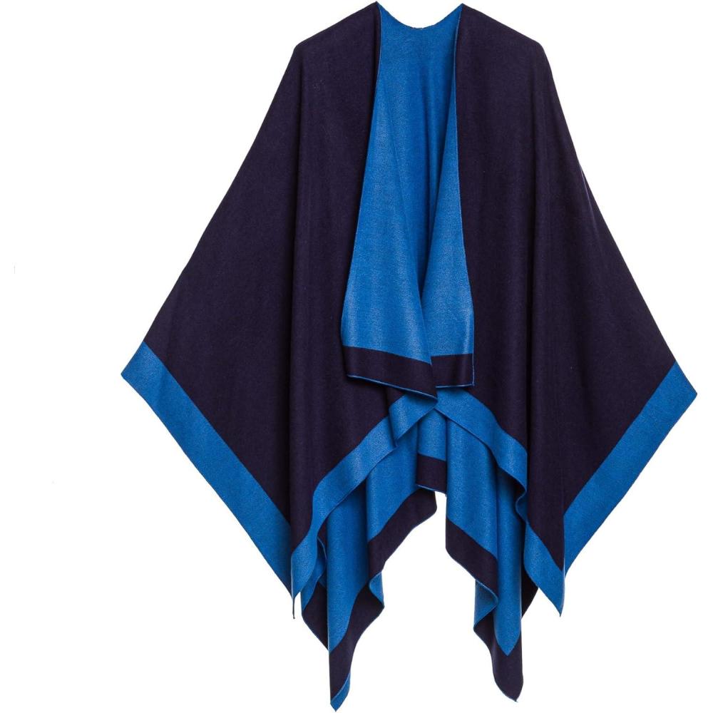 imageWomens Shawl Wrap Poncho Ruana Cape Cardigan Sweater Open Front for Fall WinterBorder Design  Navy and Royal Blue