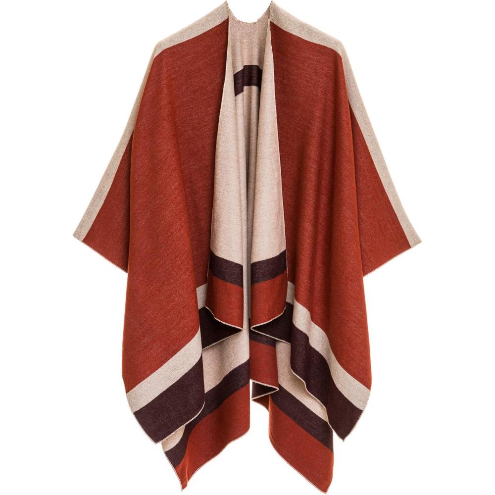 imageWomens Shawl Wrap Poncho Ruana Cape Cardigan Sweater Open Front for Fall WinterBorder Design  Orange and Beige