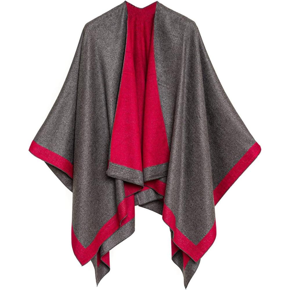 imageWomens Shawl Wrap Poncho Ruana Cape Cardigan Sweater Open Front for Fall WinterBorder Design  Red and Gray