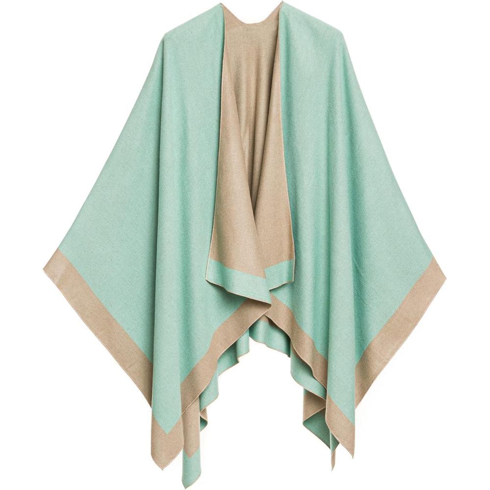 imageWomens Shawl Wrap Poncho Ruana Cape Cardigan Sweater Open Front for Fall WinterBorder Design  Turquoise and Gray