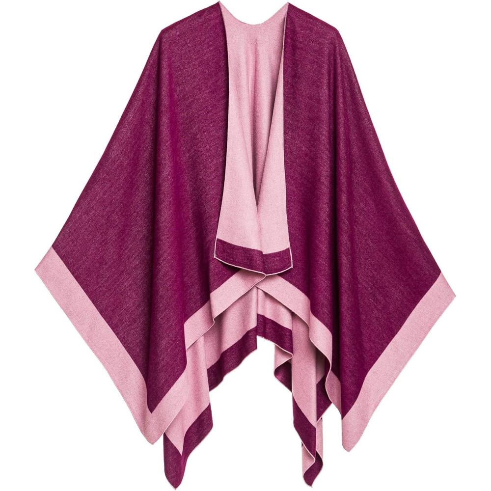 imageWomens Shawl Wrap Poncho Ruana Cape Cardigan Sweater Open Front for Fall WinterBorder Design  Violet and Pink