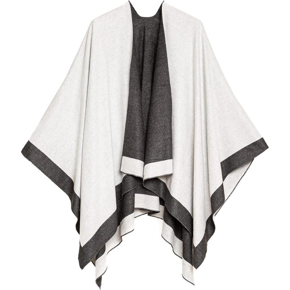 imageWomens Shawl Wrap Poncho Ruana Cape Cardigan Sweater Open Front for Fall WinterBorder Design  White and Gray