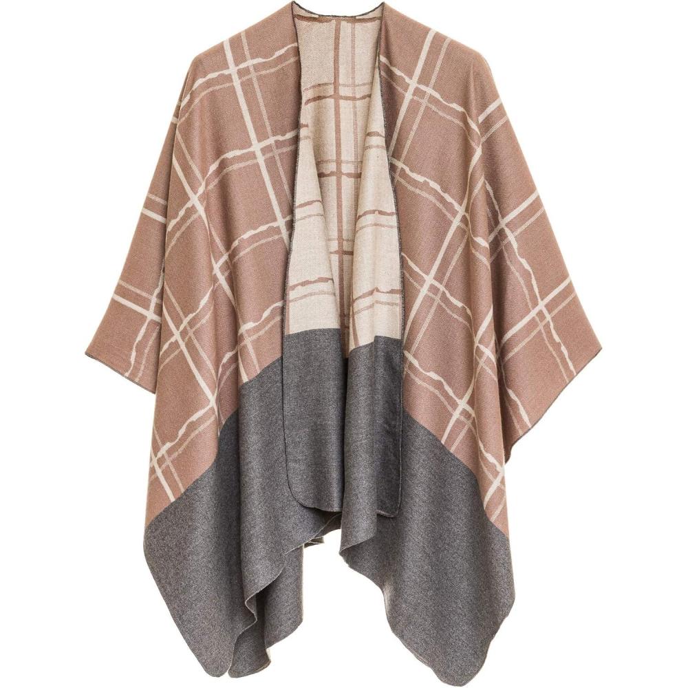 imageWomens Shawl Wrap Poncho Ruana Cape Cardigan Sweater Open Front for Fall WinterChecker Design  Beige With Border