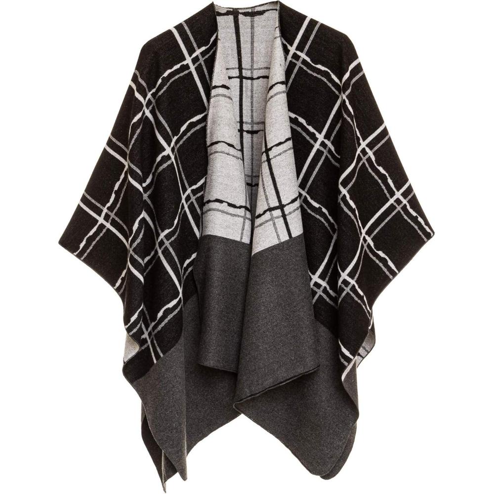 imageWomens Shawl Wrap Poncho Ruana Cape Cardigan Sweater Open Front for Fall WinterChecker Design  Black With Border