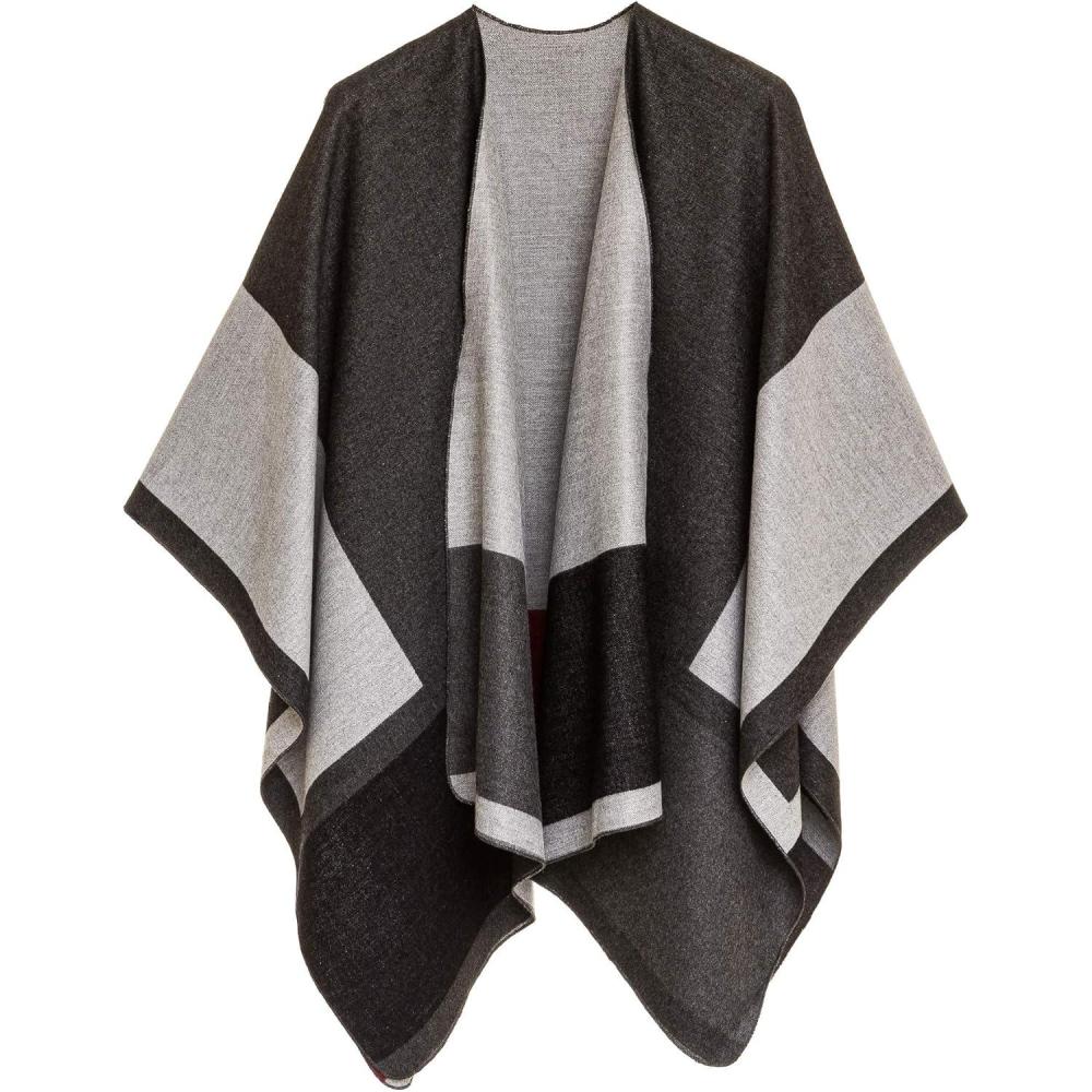 imageWomens Shawl Wrap Poncho Ruana Cape Cardigan Sweater Open Front for Fall WinterGeometric Design  Double Gray