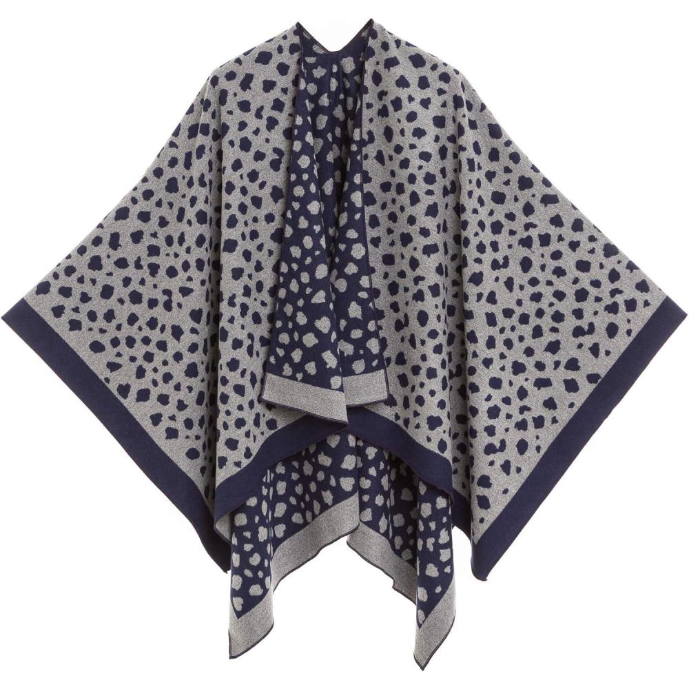 imageWomens Shawl Wrap Poncho Ruana Cape Cardigan Sweater Open Front for Fall WinterLeopard Design  Navy Gray