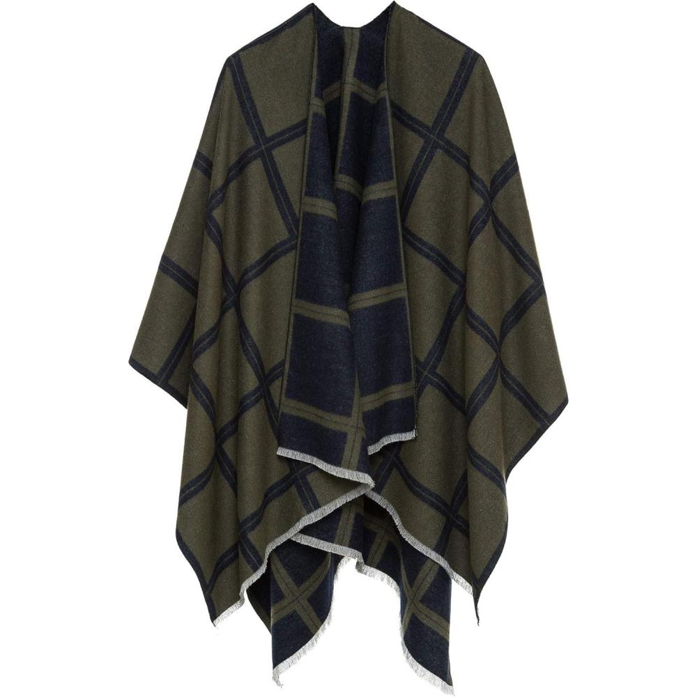 imageWomens Shawl Wrap Poncho Ruana Cape Cardigan Sweater Open Front for Fall WinterPlaid Design  Navy Green