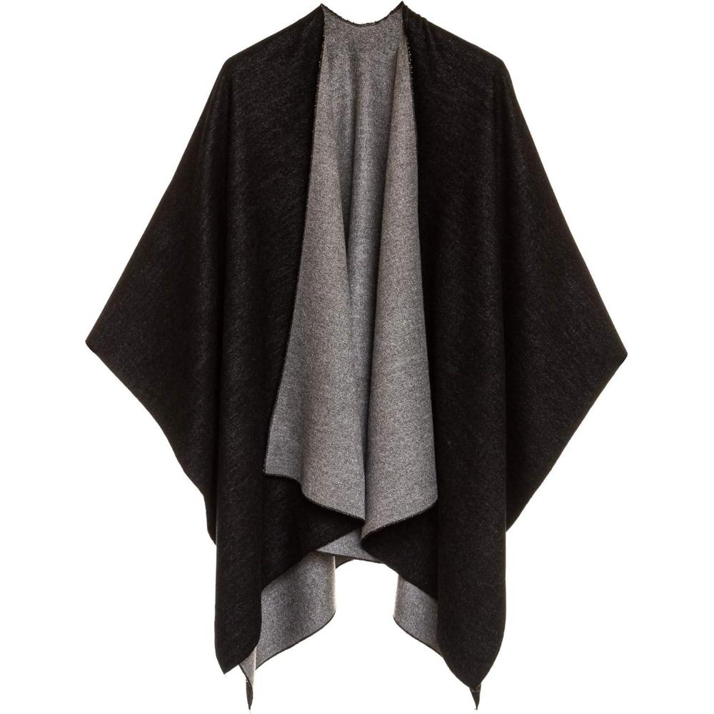 imageWomens Shawl Wrap Poncho Ruana Cape Cardigan Sweater Open Front for Fall WinterSolid Design  Black and Gray