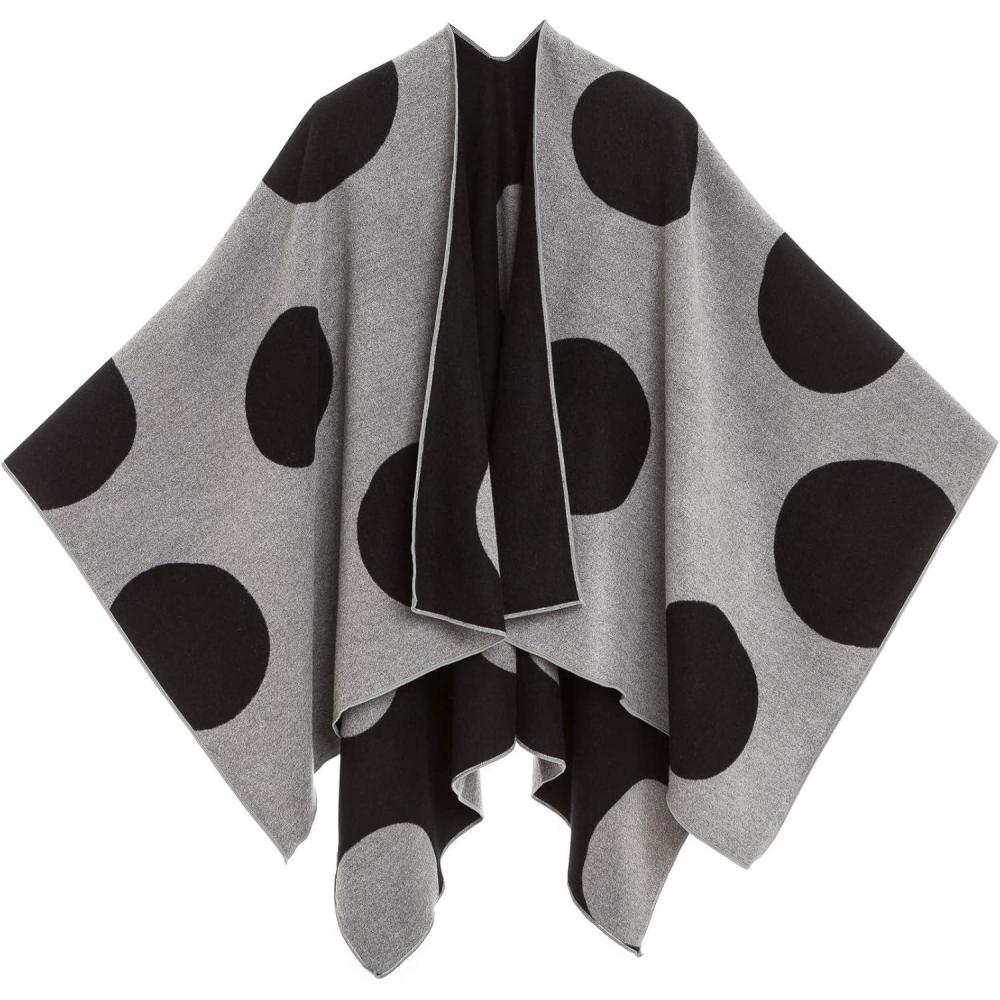 imageWomens Shawl Wrap Poncho Ruana Cape Cardigan Sweater Open Front for Fall WinterSpanish Design  3 Polka Dots Black Gray