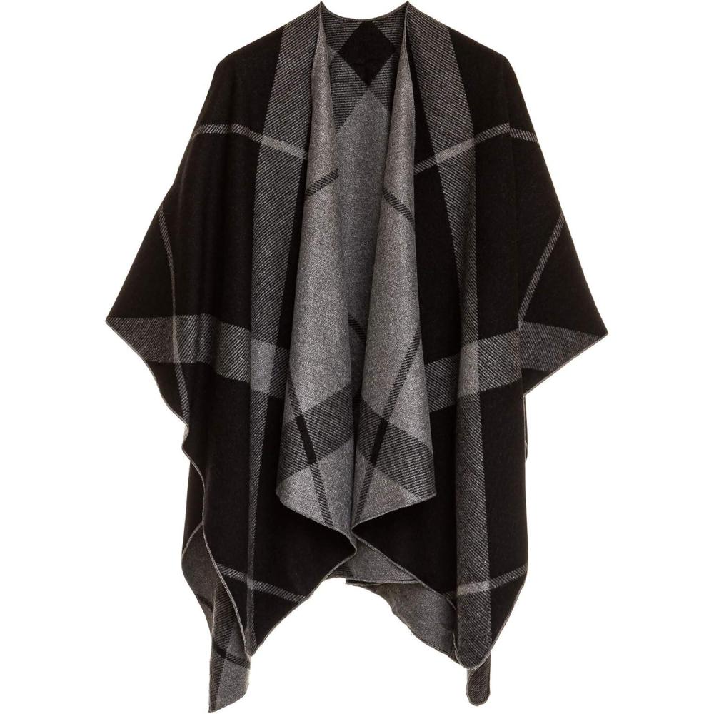 imageWomens Shawl Wrap Poncho Ruana Cape Cardigan Sweater Open Front for Fall WinterStripe Design  Black and Gray