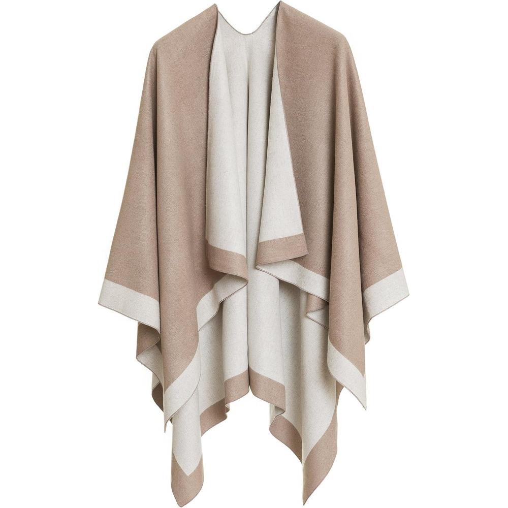 imageWomens Shawl Wrap Poncho Ruana Cape Cardigan Sweater Open Front for Travel Flight CruisesBorder Design  Beige White