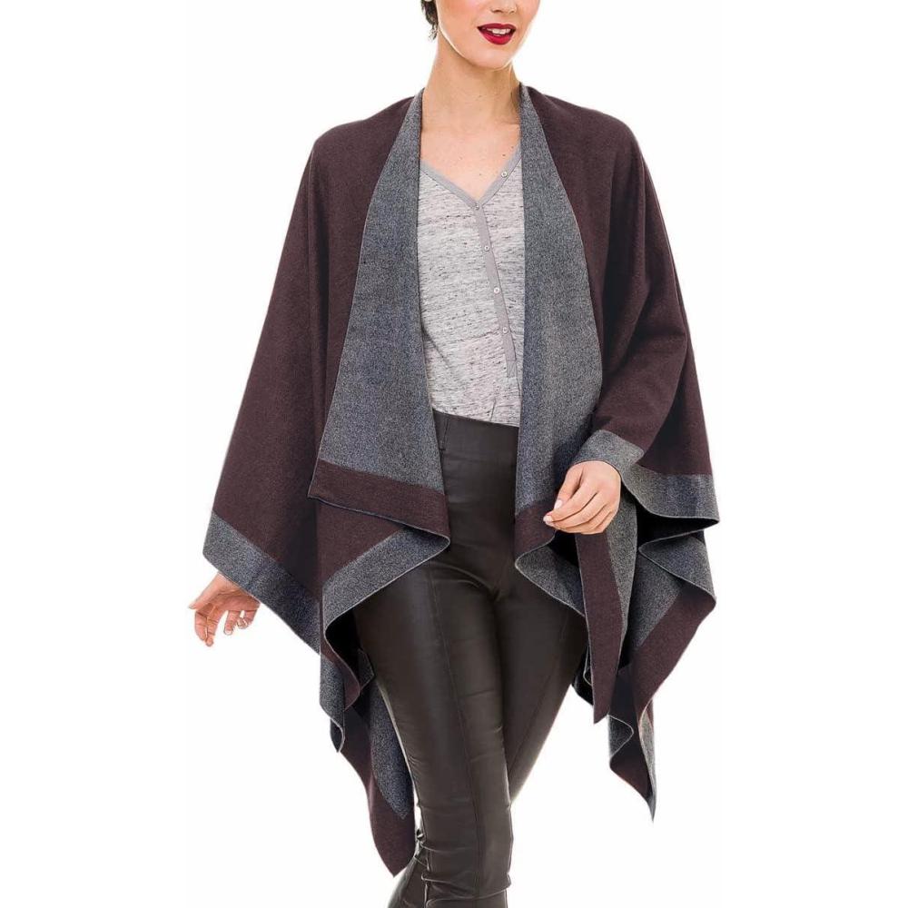 imageWomens Shawl Wrap Poncho Ruana Cape Cardigan Sweater Open Front for Travel Flight CruisesBorder Design  Gray Brown
