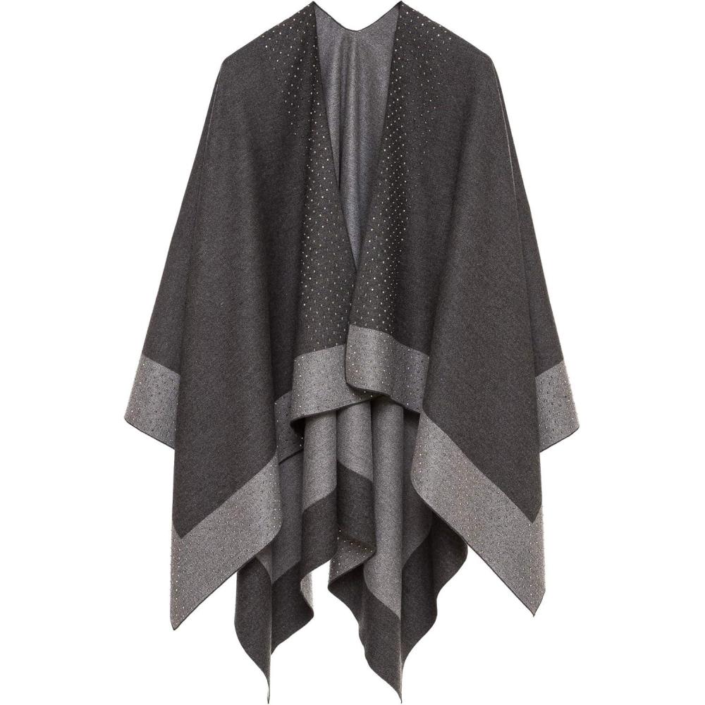 imageWomens Shawl Wrap Poncho Ruana Cape Cardigan Sweater Open Front for Travel Flight CruisesBorder With Stud  Double Gray