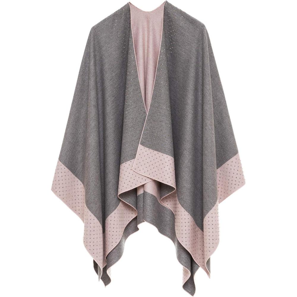 imageWomens Shawl Wrap Poncho Ruana Cape Cardigan Sweater Open Front for Travel Flight CruisesBorder With Stud  Pink Gray