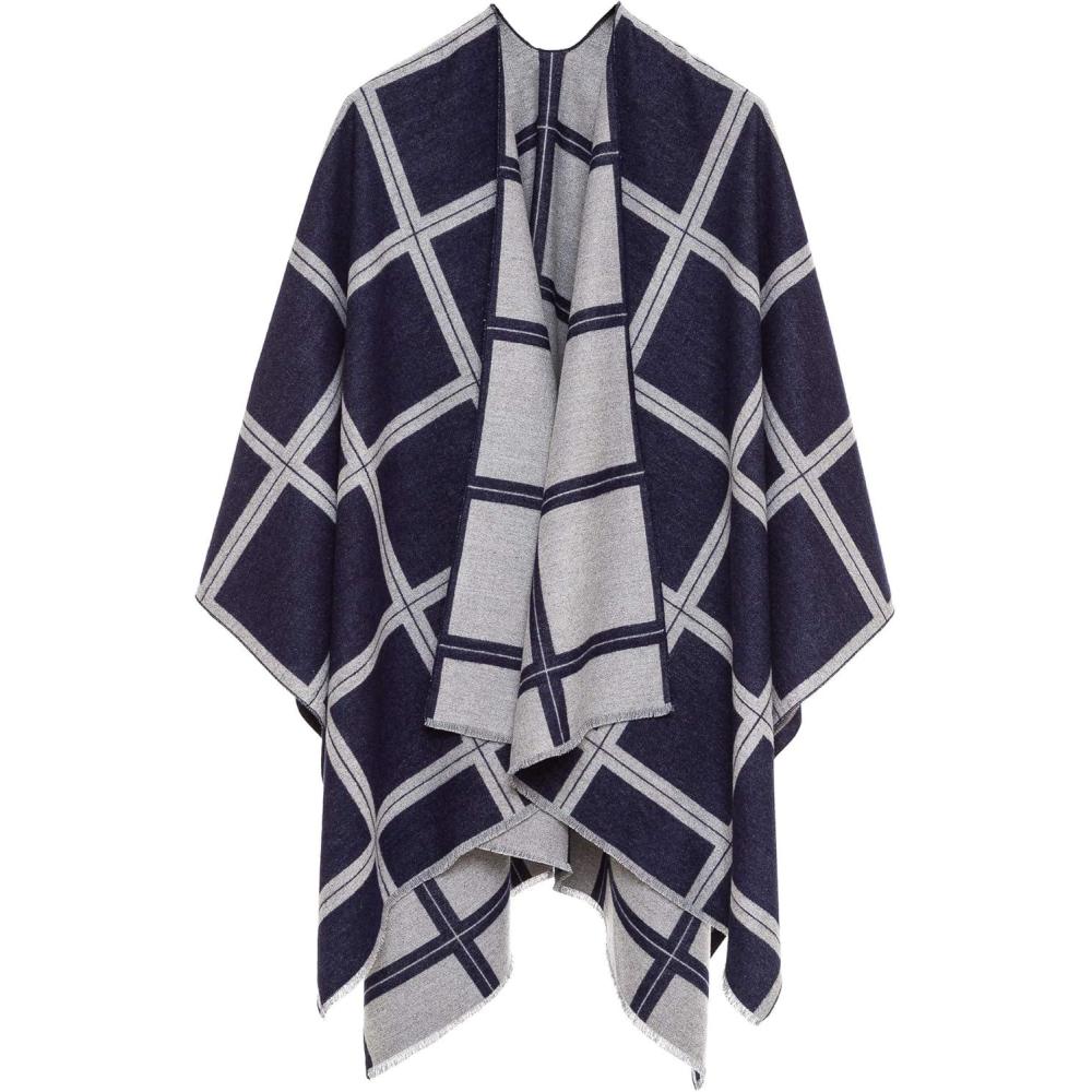 imageWomens Shawl Wrap Poncho Ruana Cape Cardigan Sweater Open Front for Travel Flight CruisesPlaid Design  Navy Gray