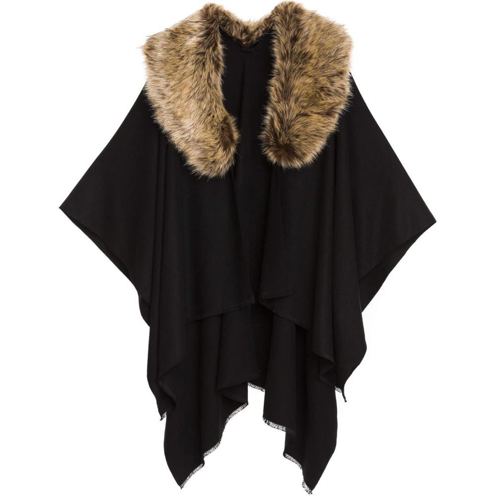 imageWomens Shawl Wrap Poncho Ruana Cape Cardigan Sweater Open Front for Travel Flight CruisesSolid Color With Fur  Black