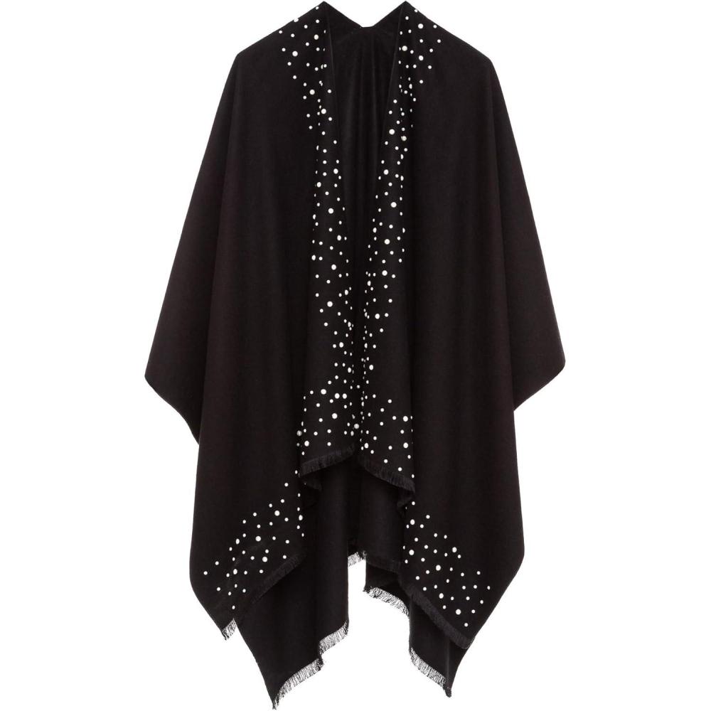 imageWomens Shawl Wrap Poncho Ruana Cape Cardigan Sweater Open Front for Travel Flight CruisesSolid Color With Pearl  Black