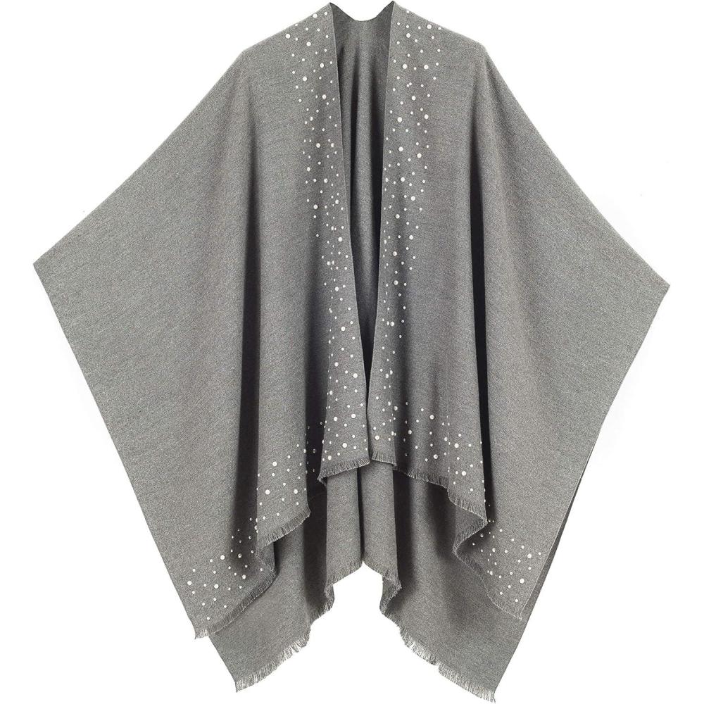 imageWomens Shawl Wrap Poncho Ruana Cape Cardigan Sweater Open Front for Travel Flight CruisesSolid Color With Pearl  Gray