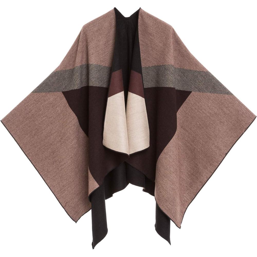 imageWomens Shawl Wrap Poncho Ruana Cape Cardigan Sweater Open Front for Travel Flight CruisesSpanish Design  1 Geometric Brown Gray