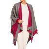 Women’s Shawl Wrap Poncho Ruana Cape Cardigan Sweater Open Front for Fall Winter(Border Design – Burgundy and Light Gray)