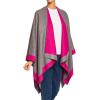 Women’s Shawl Wrap Poncho Ruana Cape Cardigan Sweater Open Front for Fall Winter(Border Design – Fuschia and Gray)