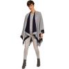 Women’s Shawl Wrap Poncho Ruana Cape Cardigan Sweater Open Front for Fall Winter(Border Design – Navy and Light Gray)