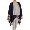 Women’s Shawl Wrap Poncho Ruana Cape Cardigan Sweater Open Front for Fall Winter(Border Design – Navy and Light Gray)