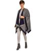 Women’s Shawl Wrap Poncho Ruana Cape Cardigan Sweater Open Front for Fall Winter(Border Design – Navy and Medium Gray)