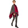 Women’s Shawl Wrap Poncho Ruana Cape Cardigan Sweater Open Front for Fall Winter(Border Design – Red and Gray)