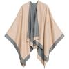 Women’s Shawl Wrap Poncho Ruana Cape Cardigan Sweater Open Front for Fall Winter(Border Color Designs – Beige and Gray)