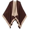 Women’s Shawl Wrap Poncho Ruana Cape Cardigan Sweater Open Front for Fall Winter(Border Design – Beige and Dark Brown)
