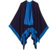Women’s Shawl Wrap Poncho Ruana Cape Cardigan Sweater Open Front for Fall Winter(Border Design – Navy and Royal Blue)