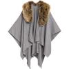 Women’s Shawl Wrap Poncho Ruana Cape Cardigan Sweater Open Front for Travel Flight Cruises(Solid Color With Fur – Gray)
