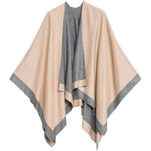Women’s Shawl Wrap Poncho Ruana Cape Cardigan Sweater Open Front for Fall Winter(Border Color Designs – Beige and Gray)