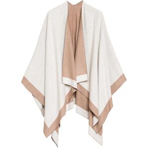 Women’s Shawl Wrap Poncho Ruana Cape Cardigan Sweater Open Front for Fall Winter(Border Color Designs – Off White and Beige)
