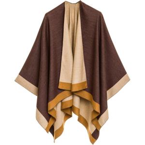 Women’s Shawl Wrap Poncho Ruana Cape Cardigan Sweater Open Front for Fall Winter(Border Design – Beige and Brown)