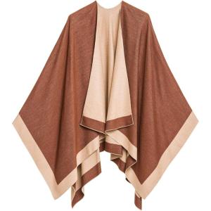Women’s Shawl Wrap Poncho Ruana Cape Cardigan Sweater Open Front for Fall Winter(Border Design – Beige and Chocolate)