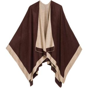 Women’s Shawl Wrap Poncho Ruana Cape Cardigan Sweater Open Front for Fall Winter(Border Design – Beige and Dark Brown)