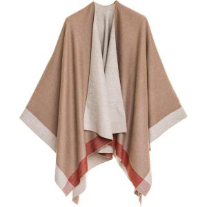 Women’s Shawl Wrap Poncho Ruana Cape Cardigan Sweater Open Front for Fall Winter(Border Design – Beige and Gray)