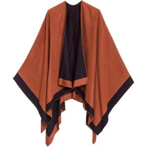 Women’s Shawl Wrap Poncho Ruana Cape Cardigan Sweater Open Front for Fall Winter(Border Design – Black and Caramel)