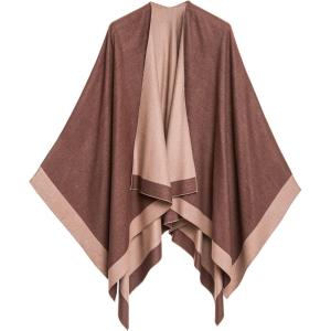 Women’s Shawl Wrap Poncho Ruana Cape Cardigan Sweater Open Front for Fall Winter(Border Design – Brown and Beige)