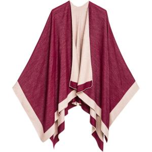 Women’s Shawl Wrap Poncho Ruana Cape Cardigan Sweater Open Front for Fall Winter(Border Design – Burgundy and Beige)