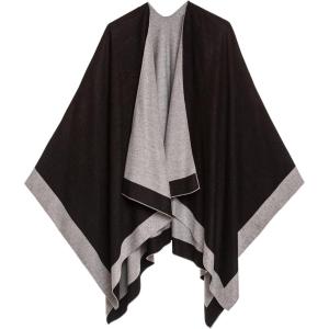 Women’s Shawl Wrap Poncho Ruana Cape Cardigan Sweater Open Front for Fall Winter(Border Design – Dark Gray and Brown)