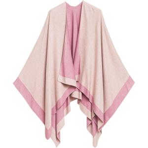 Women’s Shawl Wrap Poncho Ruana Cape Cardigan Sweater Open Front for Fall Winter(Border Design – Double Pink)