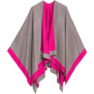Women’s Shawl Wrap Poncho Ruana Cape Cardigan Sweater Open Front for Fall Winter(Border Design – Fuschia and Gray)