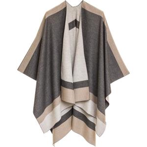 Women’s Shawl Wrap Poncho Ruana Cape Cardigan Sweater Open Front for Fall Winter(Border Design – Gray and Beige)