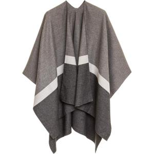 Women’s Shawl Wrap Poncho Ruana Cape Cardigan Sweater Open Front for Fall Winter(Border Design – Gray and Black)