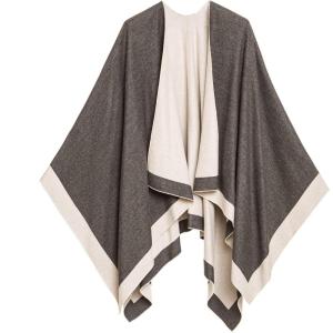 Women’s Shawl Wrap Poncho Ruana Cape Cardigan Sweater Open Front for Fall Winter(Border Design – Gray and Light Beige Ii)