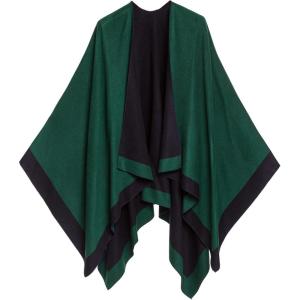 Women’s Shawl Wrap Poncho Ruana Cape Cardigan Sweater Open Front for Fall Winter(Border Design – Green and Navy)